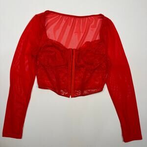 Red Mesh and Lace Long Sleeve Corset Bustier Bra